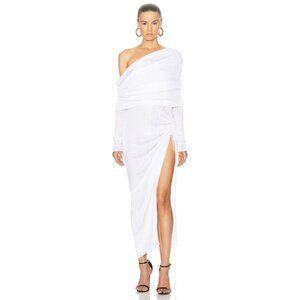 ALAIA Off Shoulder Asymmetric Dress in Blanc Optique White